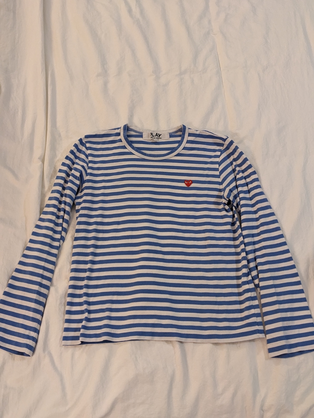 Comme des Garcons PLAY Blue & White Striped Long Sleeve Tee with Red Heart